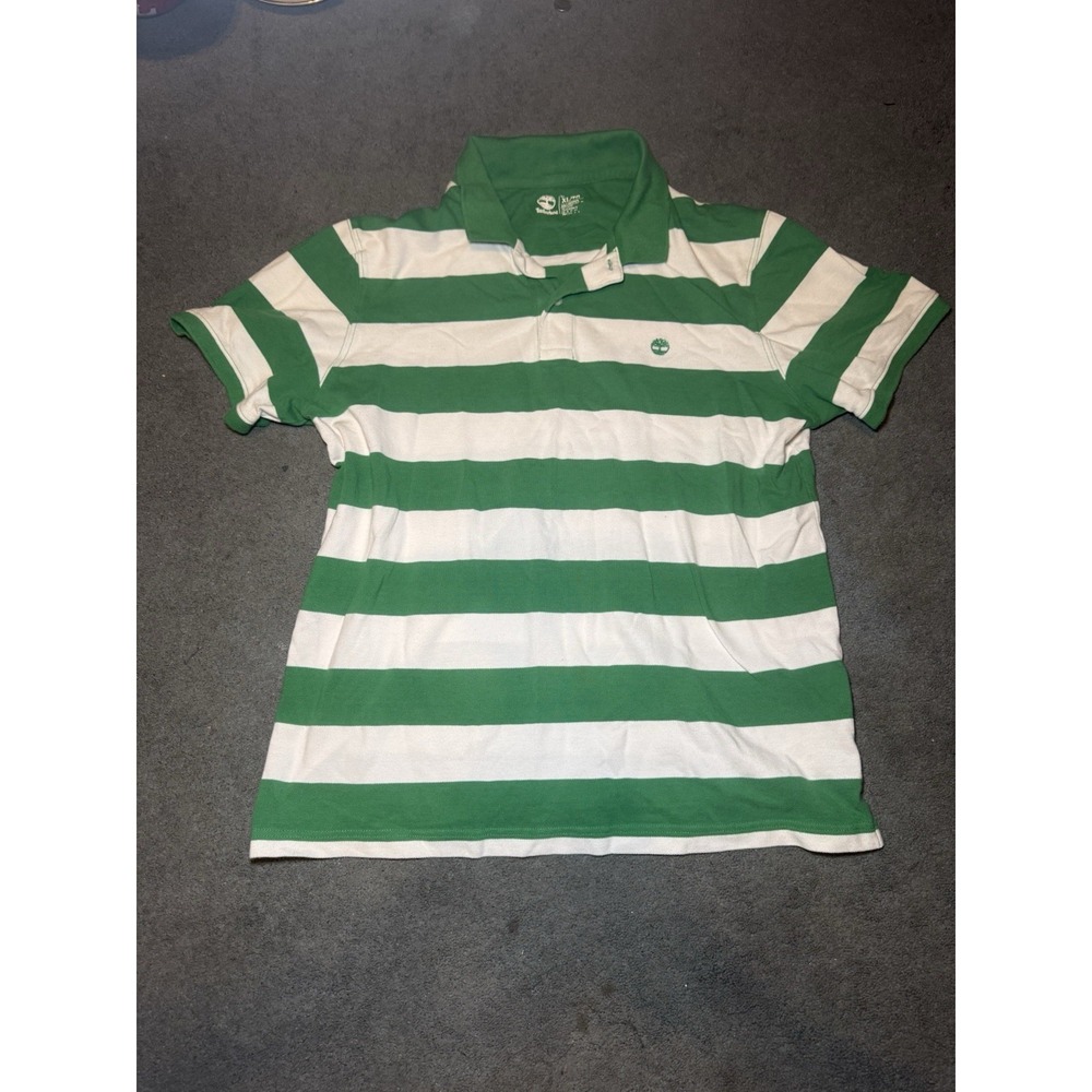 Timberland Green White Stripe Polo Shirt Mens XL Classic Logo Casual Golf